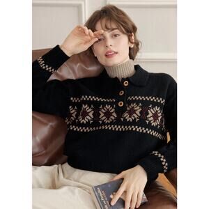 Simple Retro Norah Snowflake Jacquard Black Polo Fair Isle Knit Sweater-Size L